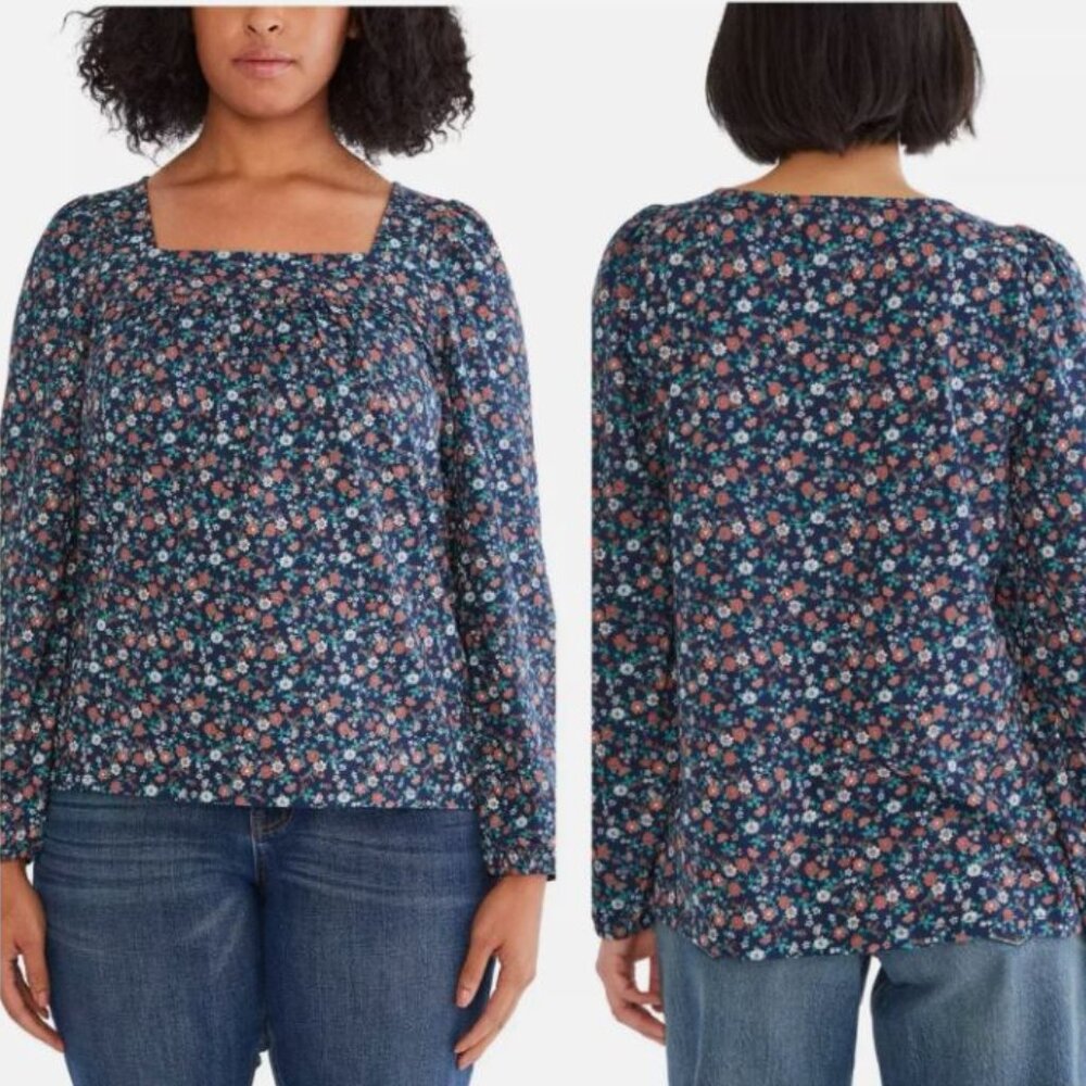 Lucky Brand Women’s Square Neck Peasant Top, Navy/ Red/White, XS
